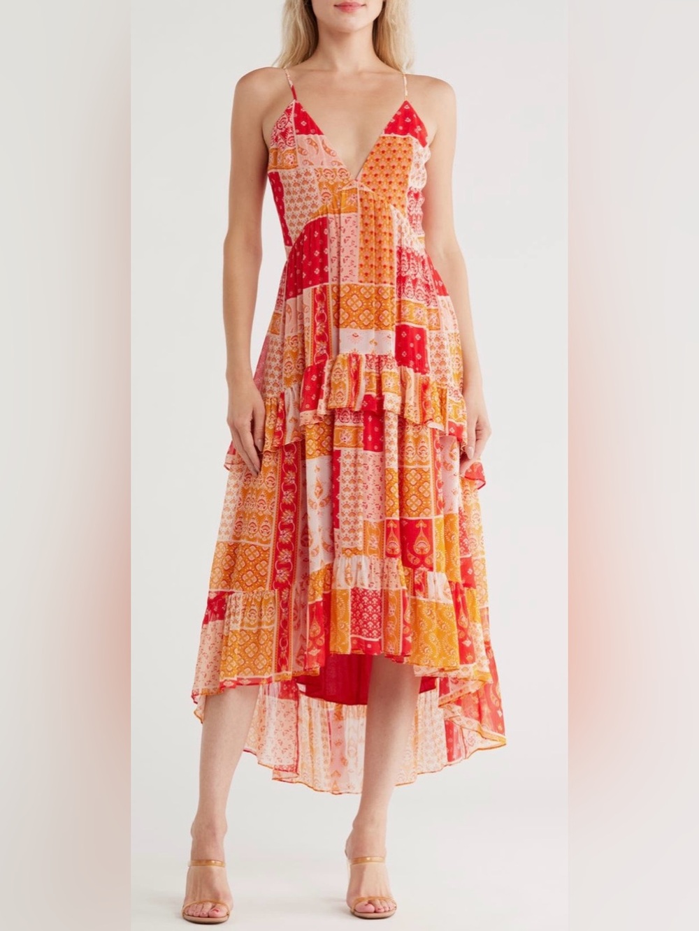 NWT Ramy Brook Lura Patchwork Tiered Red & Orange High-Low Maxi Sun Dress Size 2